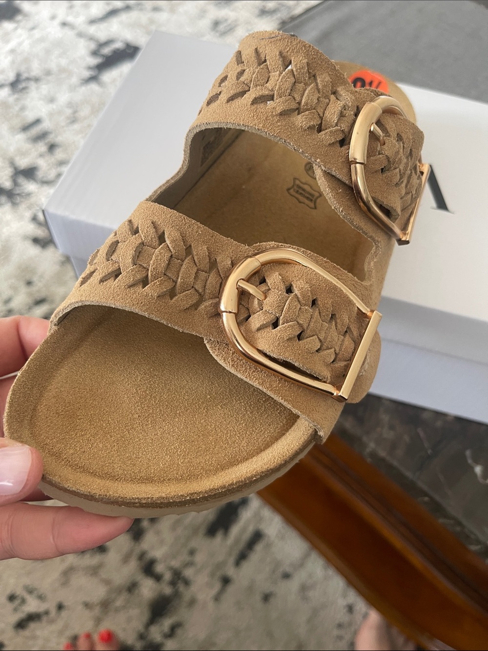 Suede Braided Double-Buckle Sandal - Tan